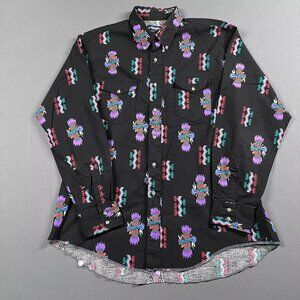 Vintage Wrangler Shirt Mens XL 17.5 Black Western Aztec Cowboy Brushpopper 90s